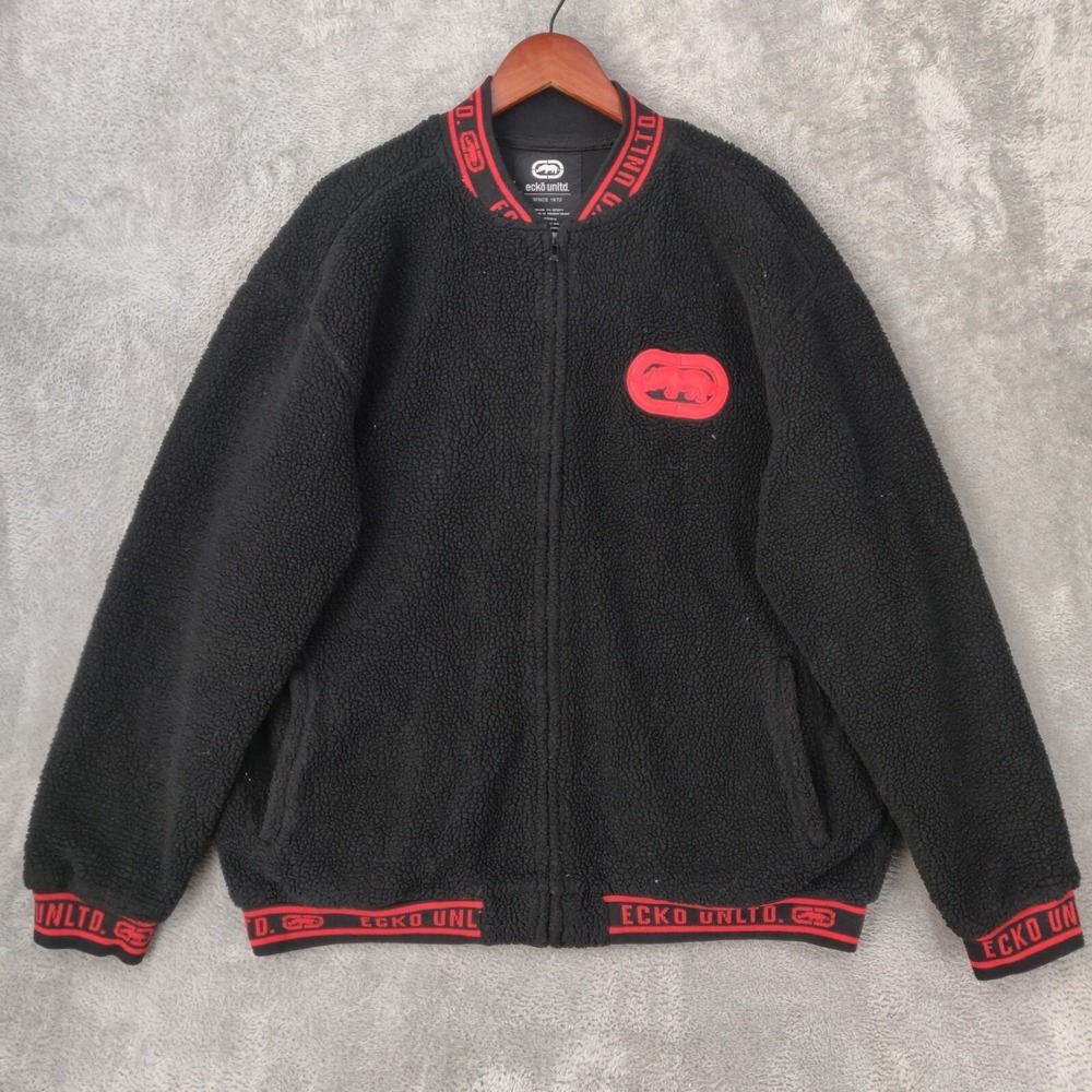 Vtg Ecko Jacket Mens XL Black Sherpa Fleece Red Trim Full Zip Rhino Hip Hop Y2k